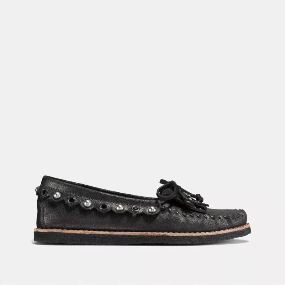 Coach Black Metallic Suede Fringe Roccasin Slip On Moccasin Y2K Charms